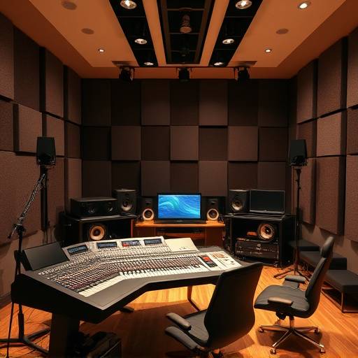 Bilde av interiøret i Lydhuset Studio, viser et moderne miksebord og akustiske paneler.